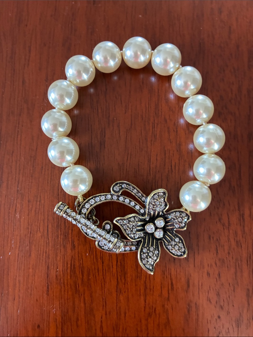 Heidi Daus Pearl Bead Bracelet with Gold-Tone Crystal Flower Clasp